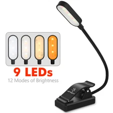 LENCENT 9 LED Clip Book Light 12 Modes USB Rechargeable Reading Light Black
