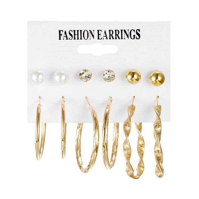 Mixed Size Gold Faux Pearl & Gem Stud Hoop Earrings 6pk Sets BNWT-image