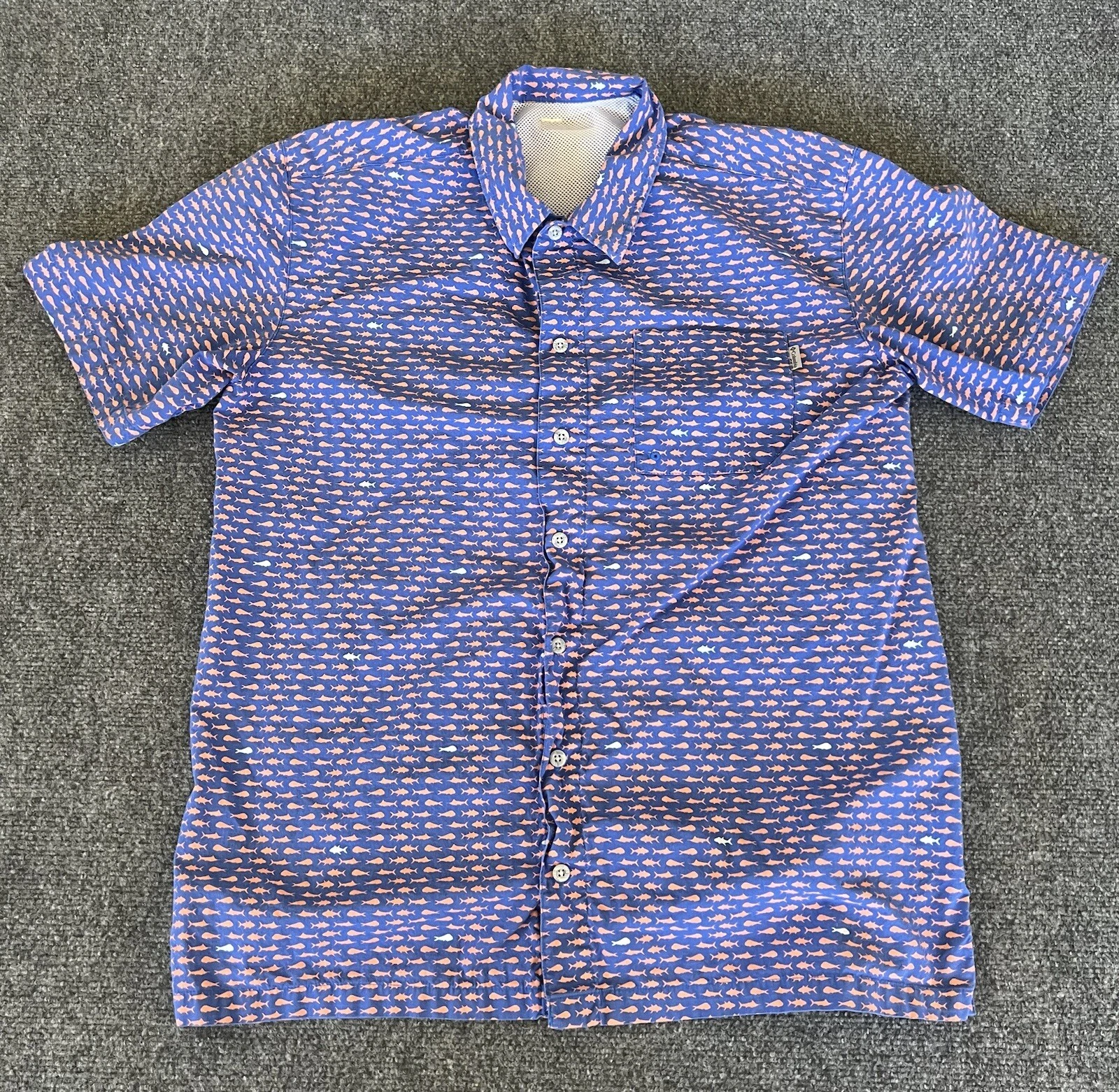 Columbia Sportswear Mens PFG Fishing Shirt Blue AOP Fish Geometric Vented L