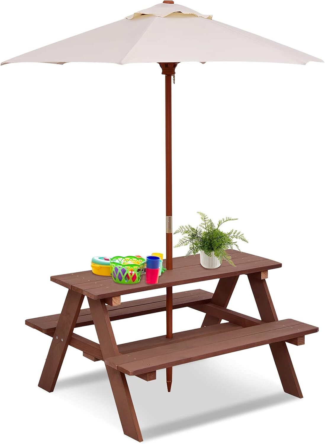 Outdoor Kids Picnic Table with Bench and Removable Umbrella in Sturdy Wood