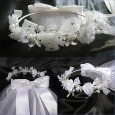 Girls Communion Wedding Bridal Handmade White Veil Flower Girl Wreath Headpiece