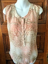 SIGNATURE STUDIO Peach & Brown Animal Print Sleeveless BLOUSE TOP, S