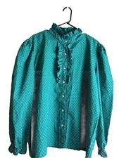 Vintage Lucky Me Ruffle Neck Blouse Green W/ Rust And White Designs SZ 3X