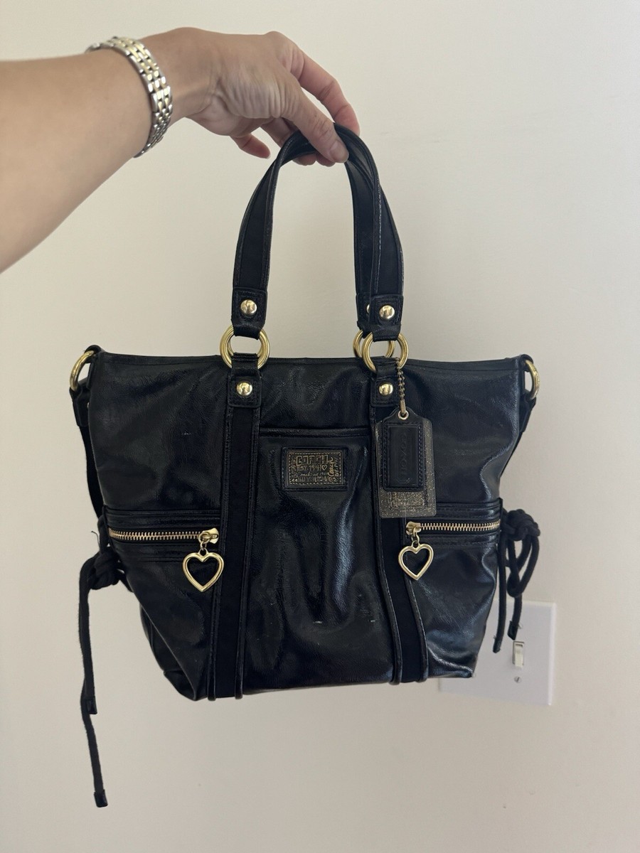 Vintage Coach Black Patent Leather Poppy Daisy Liquid Glass Heart