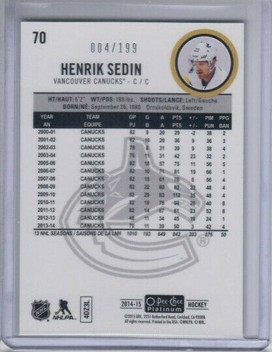 14/15 OPC Platinum Vancouver Canucks Henrik Sedin White Ice card #70 Ltd #4/199 - Picture 2 of 2