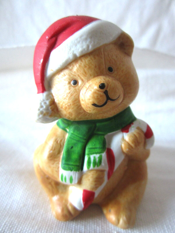3" Tall Christmas Brown TEDDY BEAR holding Candy Cane Ceramic Ornament  Decor