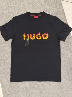 HUGO Herren T-Shirt Schwarz Kurzarm Rundhals Flammen Logo-Print Größe S