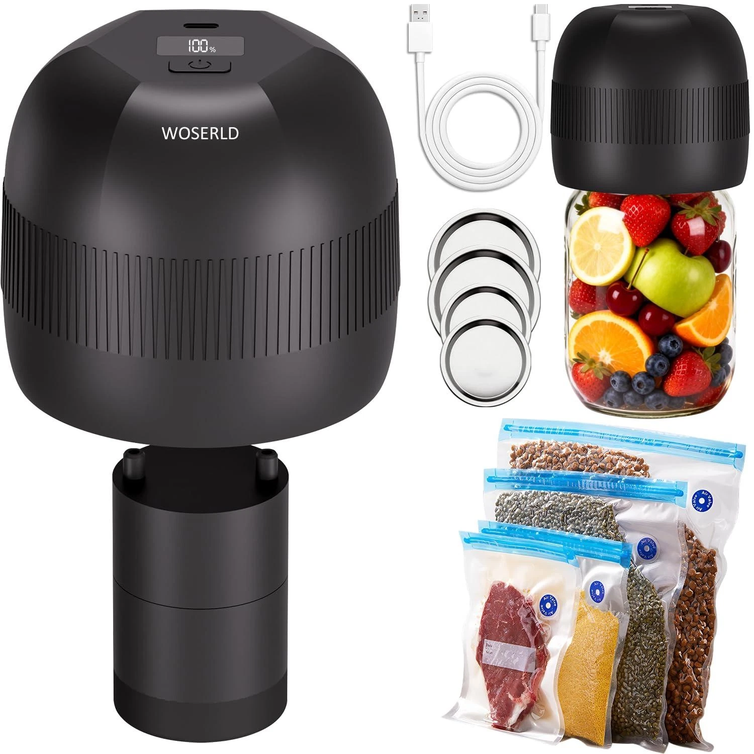 WOSERLD 3 in1 Electric Mason Jar Vacuum Sealer Kit, For wide Mouth & Regular Mou