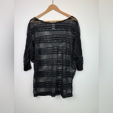 LA BLANCA Crochet Swimsuit Coverup Top Black 3/4 Sleeve Summer Vacation Sz Small