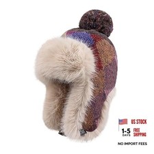 Womens Winter Knit Beanie Hat Ladies Fur Pom Poms Ears Warm One Size Burgundy
