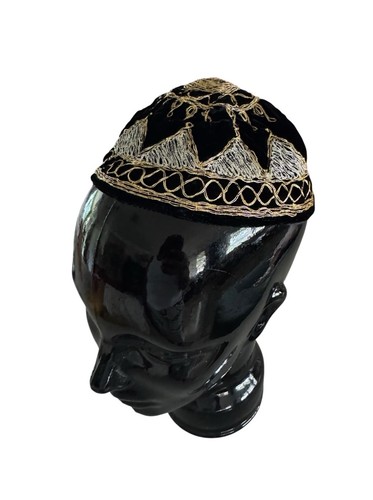Vtg Jewish Skull Cap Yarmulke Kippah Israel Handmade Velvet Metallic Thread