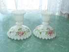 VINTAGE WHITE MILK GLASS BEADED EDGE CANDLE HOLDERS HAND PAINTED PINK FLORAL