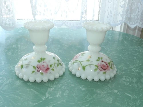 VINTAGE WHITE MILK GLASS BEADED EDGE CANDLE HOLDERS HAND PAINTED PINK FLORAL