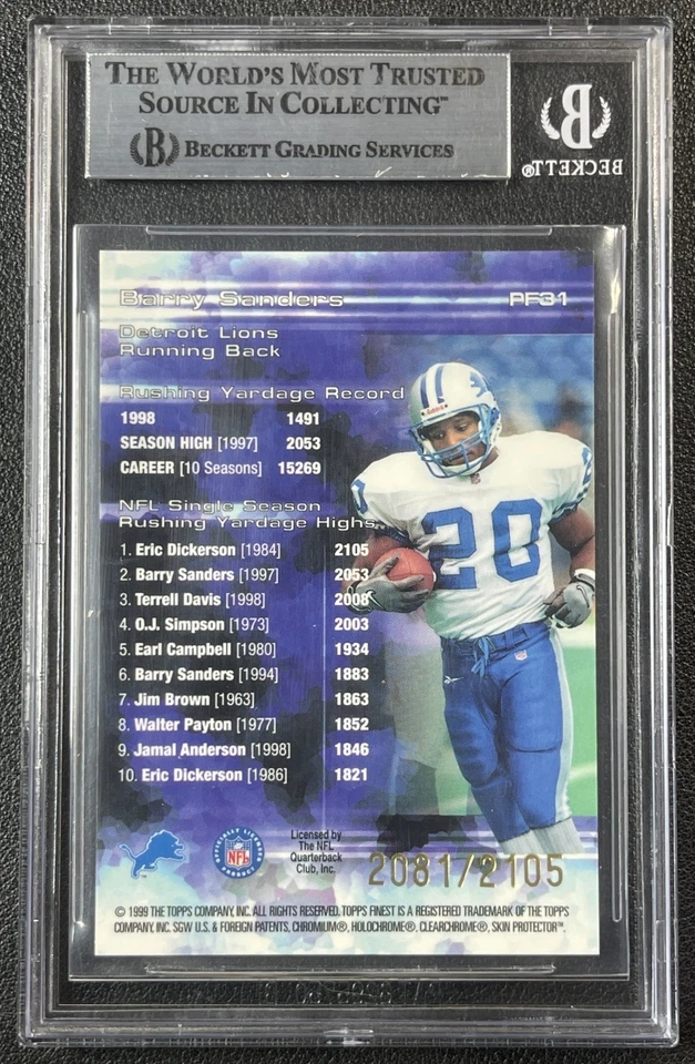 BARRY SANDERS BGS 8.5 1999 TOPPS FINEST #PF31 PROMINENT FIGURES W COATING /2105 - Image 2 of 2