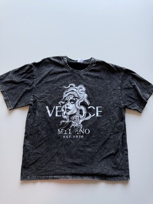 Versace Milano Medusa Logo Graphic Print Black Crew Neck Cotton Jersey Tee L