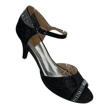 Heels Ankle Strap Bling Rhinestone Black Glitter Formal Dressy Bridal New Size 9