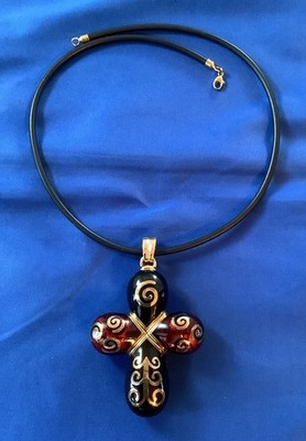 Fidia Gioielli Italy 18k Gold 925 Glass Cross Pendant 14k Leather Cord Necklace
