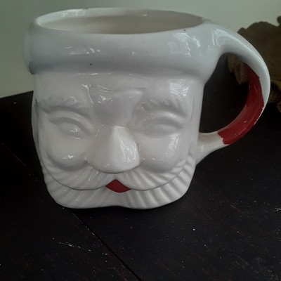 Vintage Ceramic Santa Claus Face Mug Almost White Painted Red Christmas Chippy