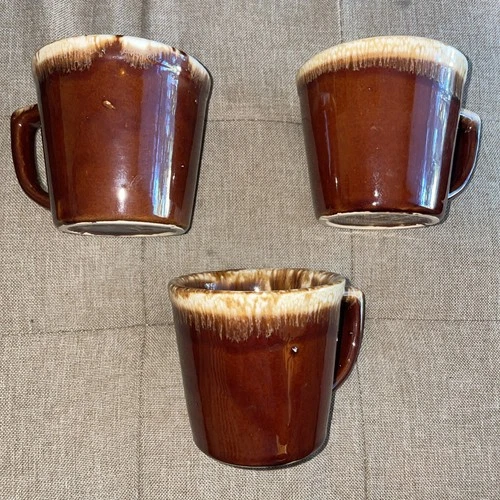 Vintage set of 3 McCoy Salt Glaze Brown Drip 8 oz D Handle Coffee Mugs