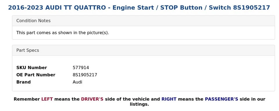 AUDI TT QUATTRO 2016-2023 - Botón de arranque/parada/interruptor del motor 8S1905217 Foto 3 de 4