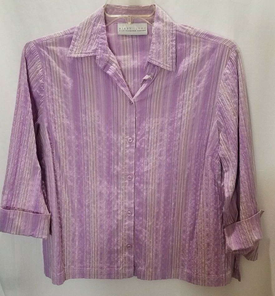 FIRST ISSUE BUTTON DOWN BLOUSE PURPLE,WHITE AND T… - image 1