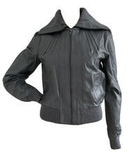 Retro 70's Style Grey Leather Fitted Bomber Jacket Uk 10 Eu 38 Us 6 Small Bnwt