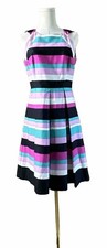 Nine West Women's Stripe Fit flare dress ,size 4 Pleated Pink Black Teal Striped