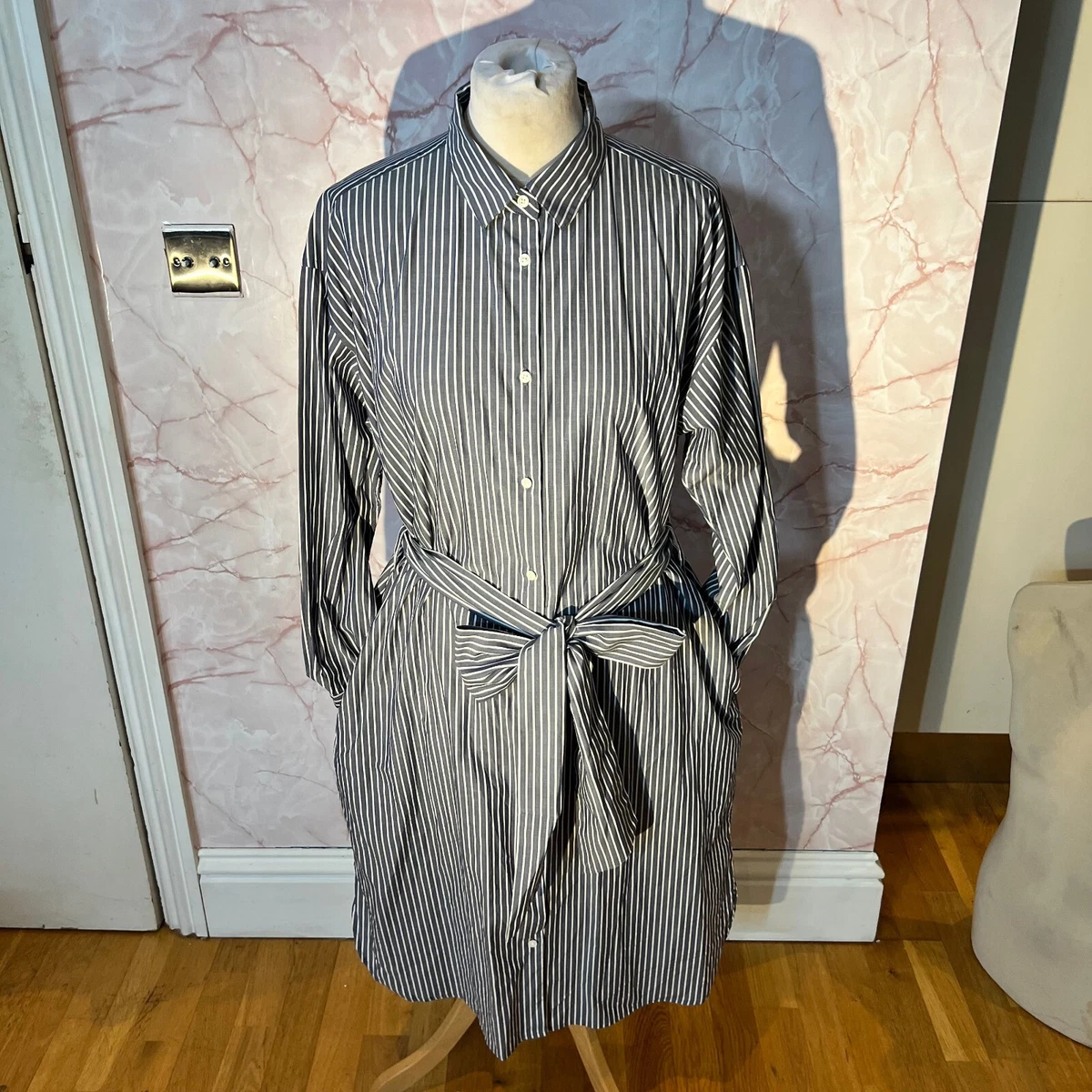 UNIQLO Dress Cotton Striped Shirt Dress Pockets Belt Midi Size 10