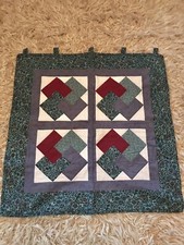 Handmade Quilt hand stitched Teal Purple Red Patchwork Wall Hanging 37  x36  EUC