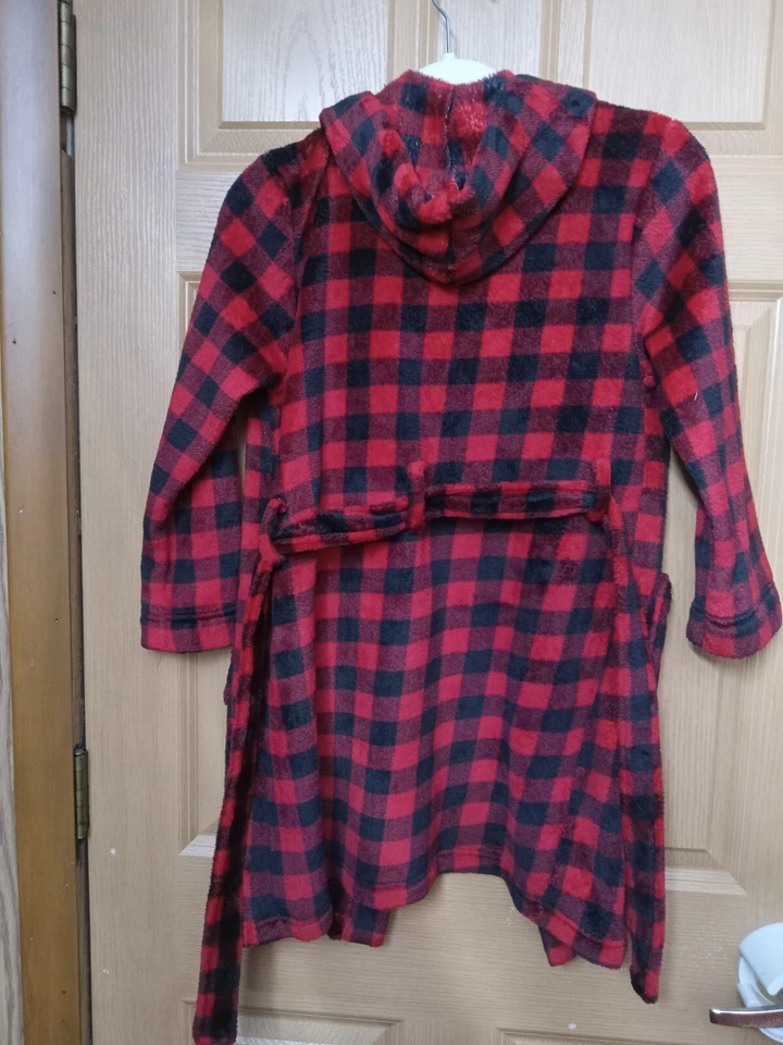 Eddie Bauer Niños Talla Pequeña 7-8 Rojo y Negro Cuadros Suave Difuso Bata Con Capucha Foto 3 de 4