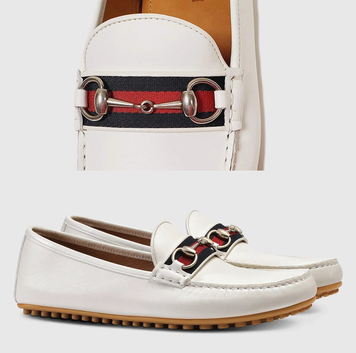 CHAUSSURES GUCCI MOCASSINS DRIVER HOMME HORSEBIT WEB CUIR BLANC taille 8,5G 9