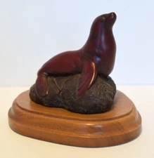Boma Red Sea Lion Seal Sculpture Figurine On Rock Canada Wood Base 3.5in