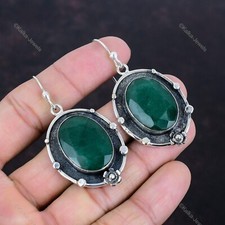 Natural Zambian Emrald Gemstone Drop/Dangle Earrings 925 Silver For Women