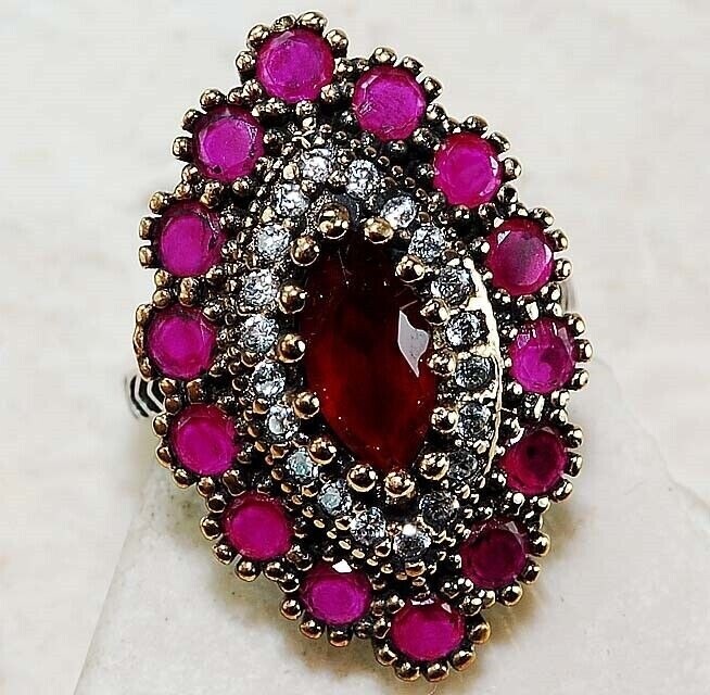 Ottoman Empire Style 5CT Ruby Topaz 925 Sterling Silver Ring Size 6.5