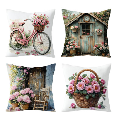 4pcs Rustic Vintage Cabin Pink Floral Pillow Case Cushion Cover Sofa Home Decor