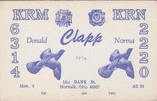 CB radio QSL postcard KRM-6314 Donald Norma Clapp 1960s Norwalk Ohio