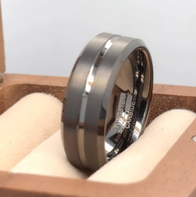 Gun Metal Gray Tungsten Band Silver Groove Design Ring Thanksgiving Gift For Him