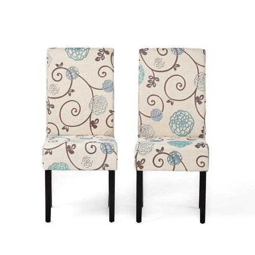 Noble House Dining Chair 39.75" Fabric White + Blue Floral Finish w/ Wood Frame