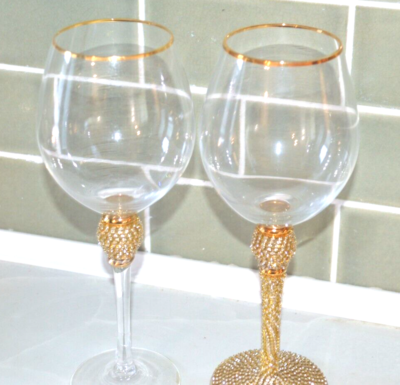 Gold Stem Jeweled Crystal Rhinestone Stem 9.5 Wine Glasses Pair of 2 | eBay