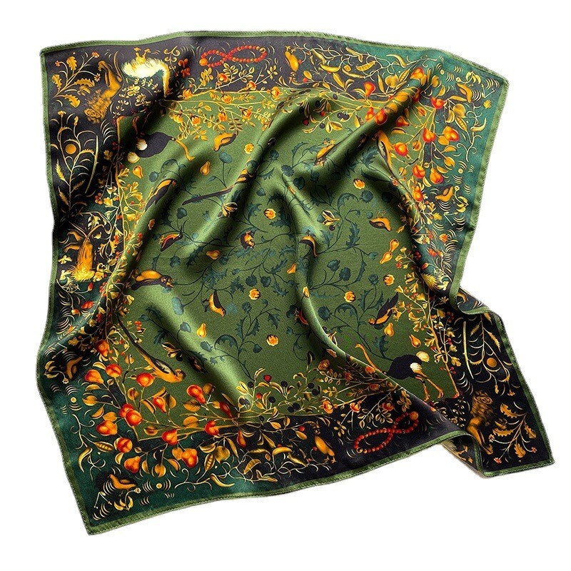 100% Mulberry Silk 20" Square Scarf Women neckerchief Wrap Birds Print Green