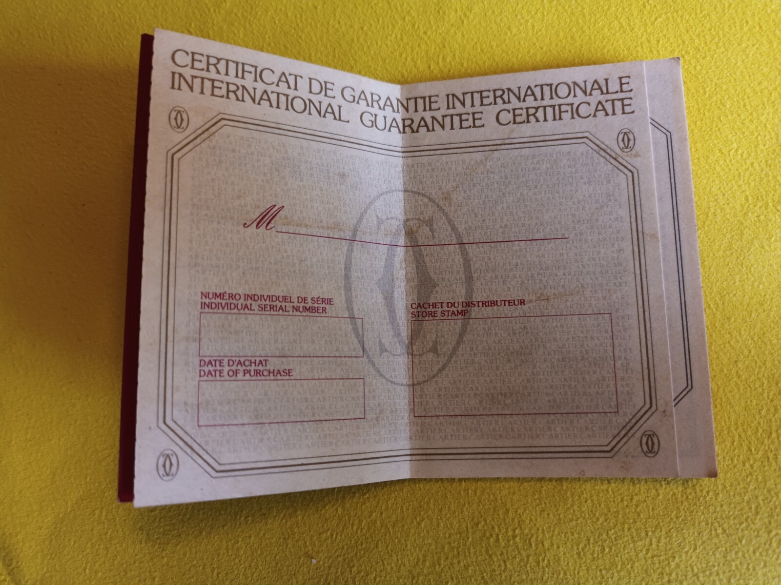 CARTIER COUGAR INTERNATIONAL GUARANTEE CERTIFICATE IN BLANK VINTAGE