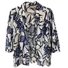 Chicos Open Front Jacket White Women  s Top L Blue Floral Linen Blend Size 2