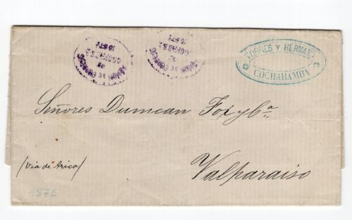 CHILE Bolivia 1875 Cochabamba a Valparaíso Almirante de Correos 10c en púrpura x2 - Imagen 1 de 2