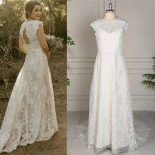 Simple A-Line Wedding Dresses O-Neck cap Sleeves Lace Applique Beach Bridal Gown