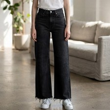 Zara Y2K 90s baggy wide leg Jeans Women 2/24X33 Black High Rise Raw Hem Denim