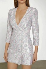 NWT BCBG MAXAZRIA 378 FRENCH ROSE COMBO pink silver SEQUIN WRAP DRESS SZ XS