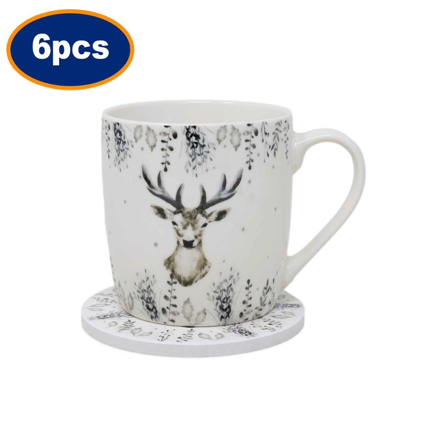 Mug & Coaster Set Harvey & Mason Christmas Silver Deer New Fine China Cup 6Pcs