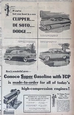 1956 newspaper ad for Conoco Super Gasoline  - Packard Clipper, De Soto, Dodge