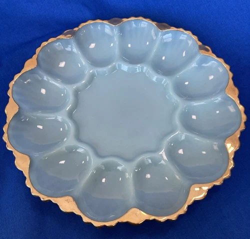 Anchor Hocking Fire King Delphite Blue Deviled Egg Serving Dish Plate Vintage