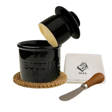 Premium French Butter Crock Gift Set – Black Ceramic Water Seal Butter Keeper...